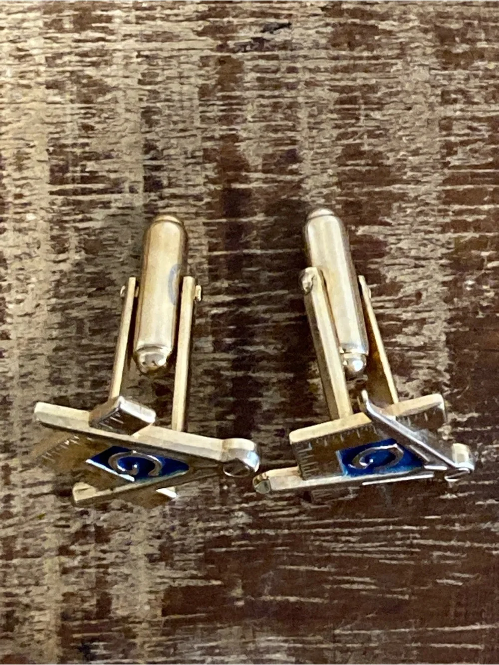 Vintage Masonic Square & Compass Cufflinks with Blue Enamel Gold Tone